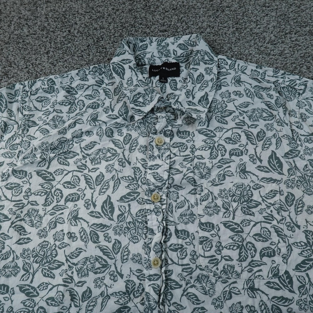 Lucky Brand Shirt Mens L White Green Floral Linen Chambray Button Up Preppy Camp